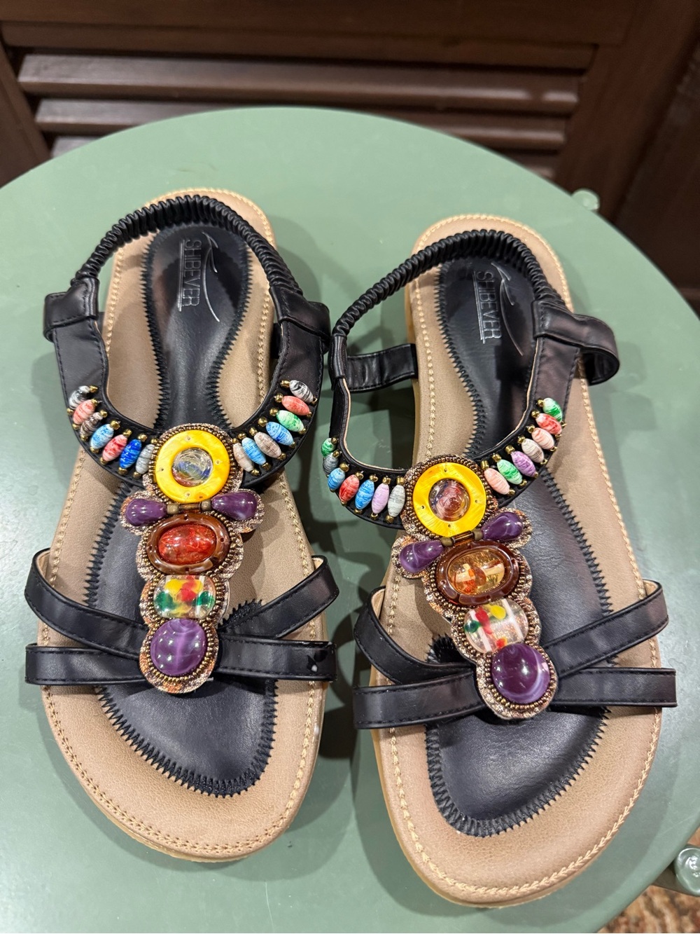 Embellished Black Women's T-Strap Sandals with Multicolor Gems